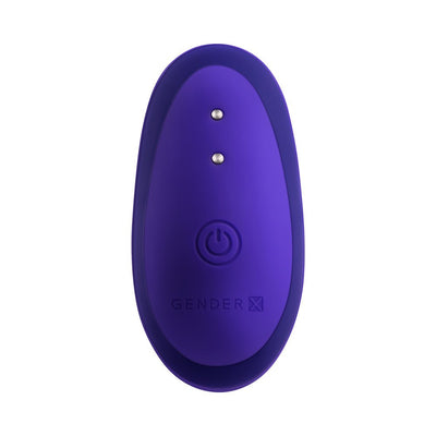 Purple silicone remote control for Gender X Anybody's Plug with power button and magnetic charging points.