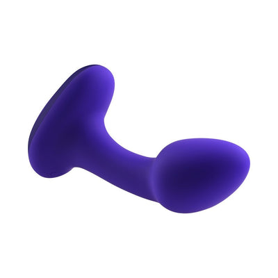 Purple silicone rechargeable plug with tapered tip and curved shaft, designed for comfort and secure fit.
