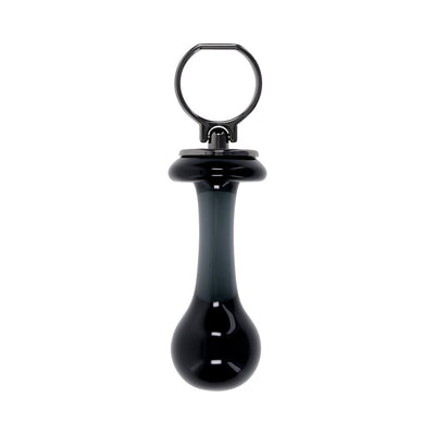 Sleek black glass plug with rounded head, tapered stem, flared base, and finger ring handle for easy control.