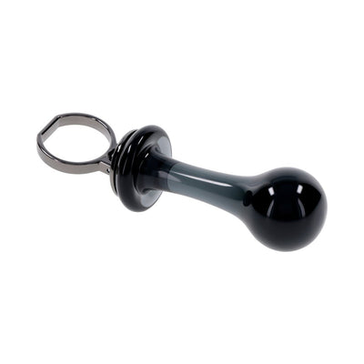 Sleek black glass plug with rounded head, tapered stem, and metal finger ring handle for easy control and comfort.