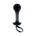 Sleek black glass plug with rounded head, tapered stem, flared base, and attached finger ring for easy control.