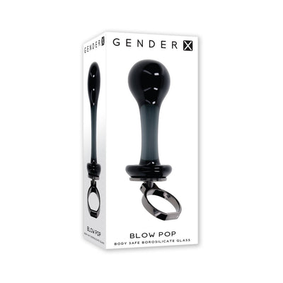 Packaging box showing the Gender X Blow Pop black glass plug with a rounded head and finger ring handle.