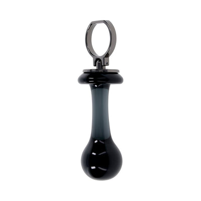 Sleek black glass plug with rounded bulb shape and metal finger ring handle for easy control and comfort.