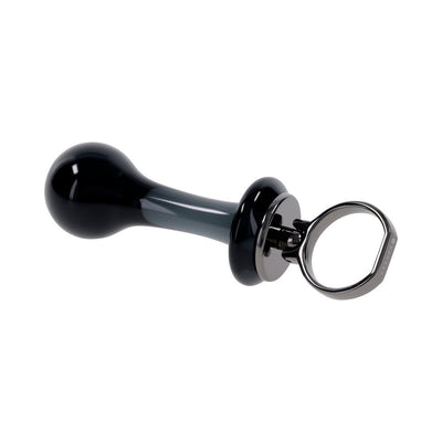 Sleek black glass plug with rounded head, tapered stem, and metal finger ring for easy control and secure fit.