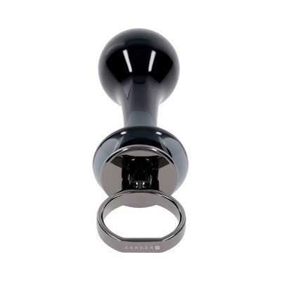 Sleek black glass plug with rounded head, tapered stem, and flared base featuring a finger ring for easy control.