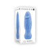 Blue silicone realistic vibrator with textured design shown on white Gender X Lil Buddy packaging box.