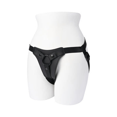 Black faux-leather adjustable strap-on harness displayed on a white mannequin torso.
