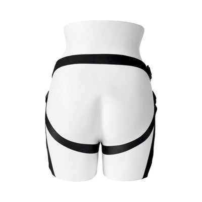 Back view of black adjustable faux-leather pleasure harness on white mannequin torso