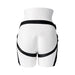 Back view of black adjustable faux-leather pleasure harness on white mannequin torso