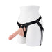 Black adjustable faux-leather strap-on harness displayed on a white mannequin torso with a realistic silicone dildo attached.