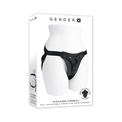 Packaging of Gender X Pleasure Harness featuring a black adjustable faux-leather strap-on harness on a white mannequin torso.