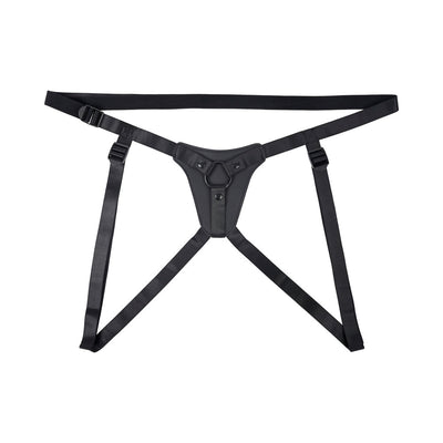Black adjustable faux-leather strap-on harness with riveted ring and secure buckles, designed for comfort and versatility.