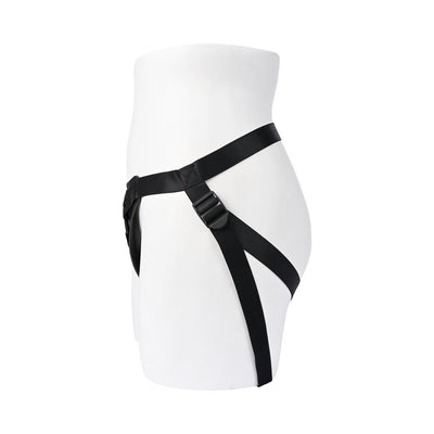 Black adjustable faux-leather gender-neutral pleasure harness displayed on a white mannequin side view.