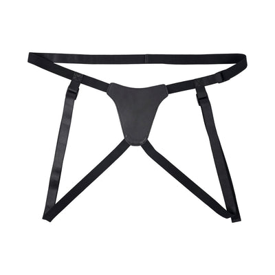 Black adjustable faux-leather pleasure harness with secure strap-on ring and multiple buckles for a customizable fit.