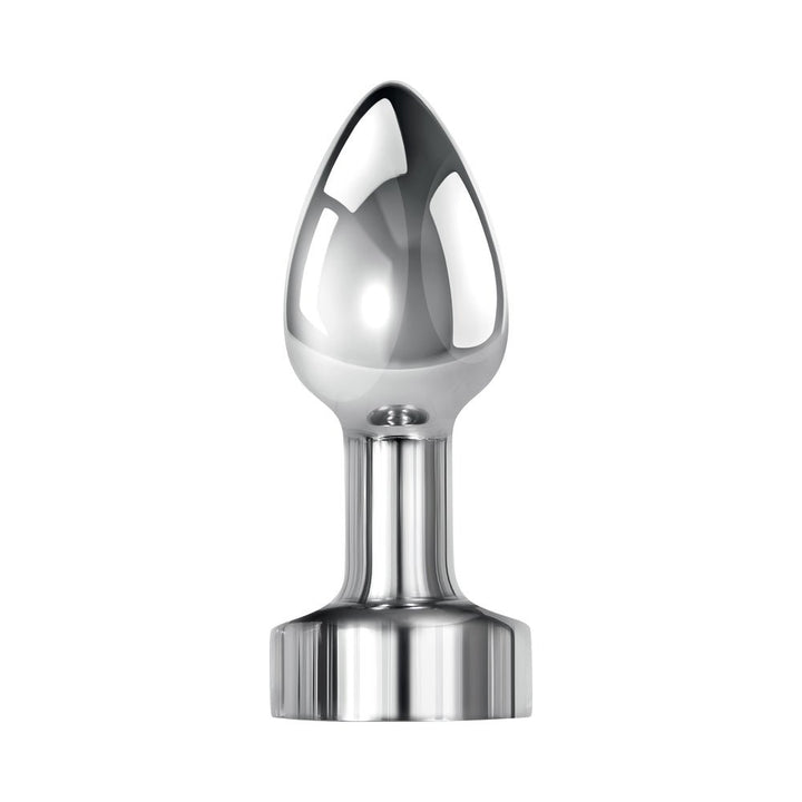 Sleek silver mini metal plug with tapered tip and wide base, polished aluminum finish, designed for versatile pleasure.