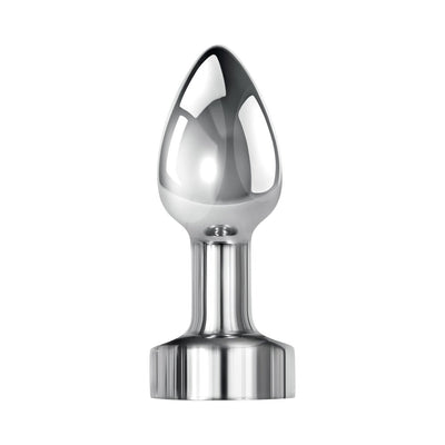 Sleek silver mini metal plug with tapered tip and wide base, polished aluminum finish, designed for versatile pleasure.
