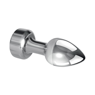 Sleek silver mini metal plug with tapered tip and wide base, polished aluminum finish, designed for versatile stimulation.