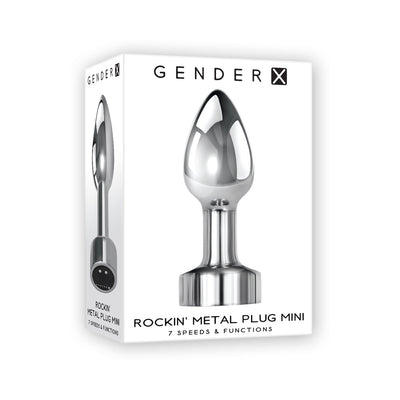 Packaging box showing Gender X Rockin' Metal Plug Mini in polished silver aluminum with 7 speeds and functions.