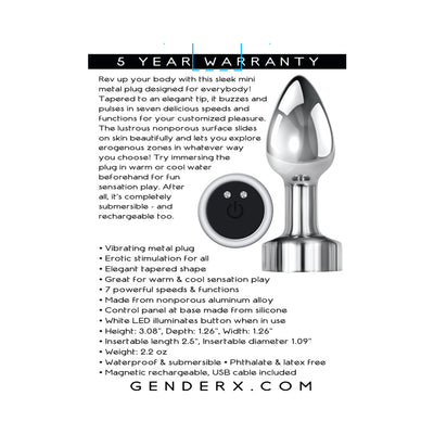 Silver mini vibrating metal plug with silicone base and control button, shown with product features and warranty text.