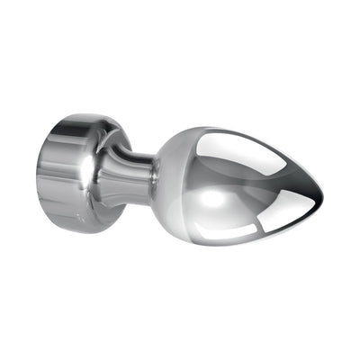 Sleek silver XL metal plug with tapered tip and wide base, polished aluminum finish, designed for versatile pleasure.