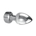 Sleek silver XL metal plug with tapered tip and wide base, polished aluminum finish, designed for versatile pleasure.