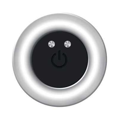 Top view of a silver aluminum vibrating anal plug with a black silicone control panel featuring power and function buttons.
