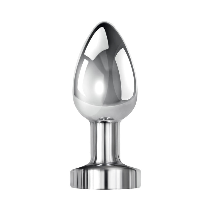 Sleek silver XL metal anal plug with tapered tip and flared base, polished aluminum finish.