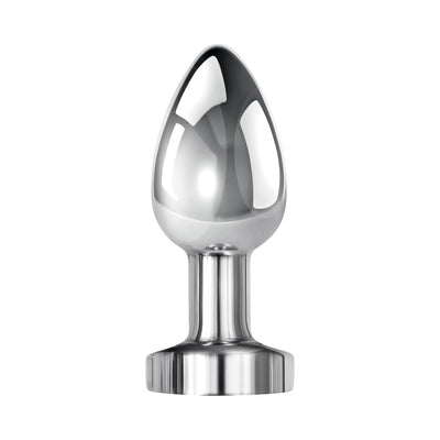 Sleek silver XL metal anal plug with tapered tip and flared base, polished aluminum finish.
