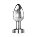 Sleek silver XL metal anal plug with tapered tip and flared base, polished aluminum finish.