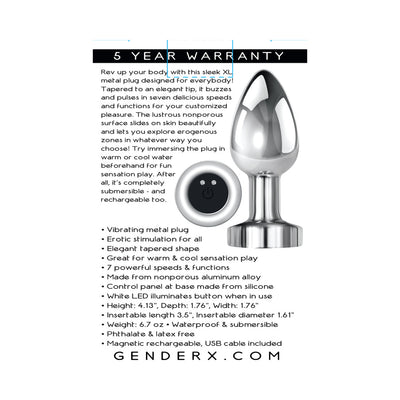Silver XL metal vibrating anal plug with tapered shape and silicone base control panel, shown with product features text.