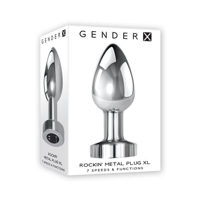Silver XL metal vibrating plug with tapered shape and silicone base, shown on white Gender X branded packaging.