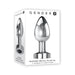Silver XL metal vibrating plug with tapered shape and silicone base, shown on white Gender X branded packaging.