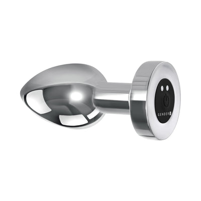 Sleek silver XL metal vibrating anal plug with tapered tip and silicone control base featuring power button and LED light.