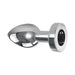Sleek silver XL metal vibrating anal plug with tapered tip and silicone control base featuring power button and LED light.
