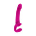 Pink dual-ended silicone vibrator with curved shaft and flexible C-shaped end, featuring two control buttons.