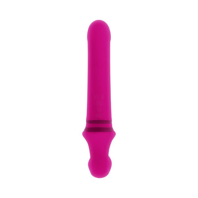 Pink dual-ended silicone vibrator with smooth shaft and curved flexible end, designed for versatile use and rechargeable.