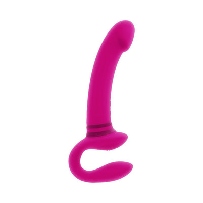Pink dual-ended silicone vibrator with curved main shaft and flexible C-shaped base, designed for versatile use.