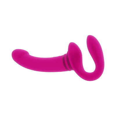 Pink dual-ended silicone vibrator with curved and flexible design, featuring two independently controlled motors.