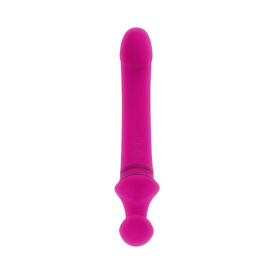 Pink dual-ended rechargeable silicone vibrator with smooth shaft and rounded flexible end, featuring control buttons.