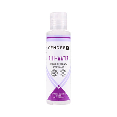Bottle of Gender X Sili-water hybrid personal lubricant, water and silicone based, 4 fl oz with purple and white label.