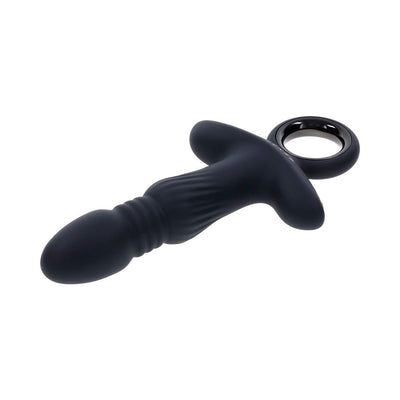Black silicone rechargeable thrusting ring vibrator with textured shaft and ergonomic finger grip ring.