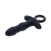 Black silicone rechargeable thrusting ring vibrator with textured shaft and ergonomic finger grip ring.