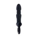 Black silicone rechargeable thrusting vibrator with textured shaft and ringed finger grip base.