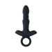 Black silicone rechargeable thrusting ring vibrator with textured shaft and finger grip ring base.