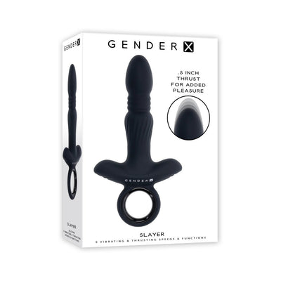 Packaging of the Gender X Slayer rechargeable black silicone thrusting ring vibrator with ergonomic finger grip and textured shaft.