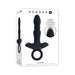 Packaging of the Gender X Slayer rechargeable black silicone thrusting ring vibrator with ergonomic finger grip and textured shaft.
