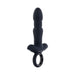Black silicone rechargeable thrusting vibrator with textured shaft and ringed finger grip base.
