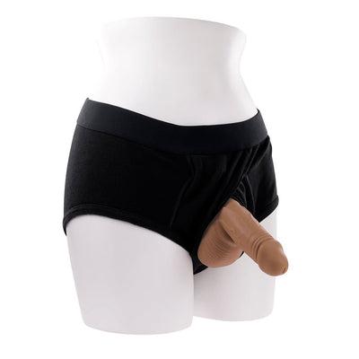 Mannequin wearing black underwear with a realistic silicone stand-to-pee funnel attached.