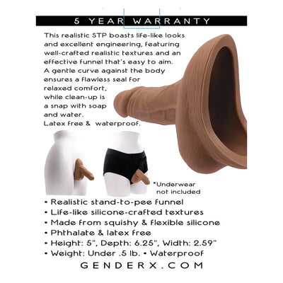 Gender X Stand To Pee silicone funnel with realistic textures shown on mannequin, flexible and waterproof design.