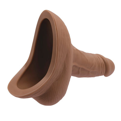Realistic silicone stand-to-pee funnel in brown with life-like textures and flexible design for comfortable use.